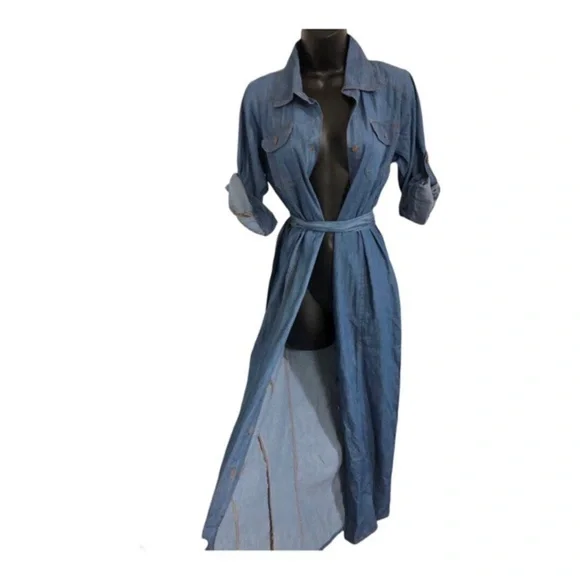 Blue denim fabric button front boho look belted dress size small brand new - Picture 1 of 16
